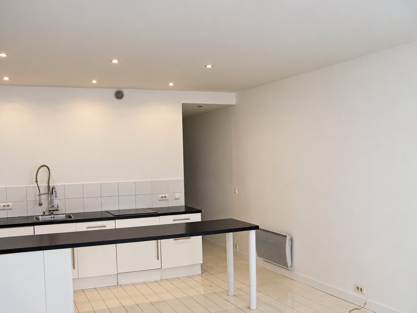 Pièce de vie rénovée aux murs blancs avec une cuisine ouverte, un plan de travail noir, un bar, des spots au plafond et un radiateur mural.