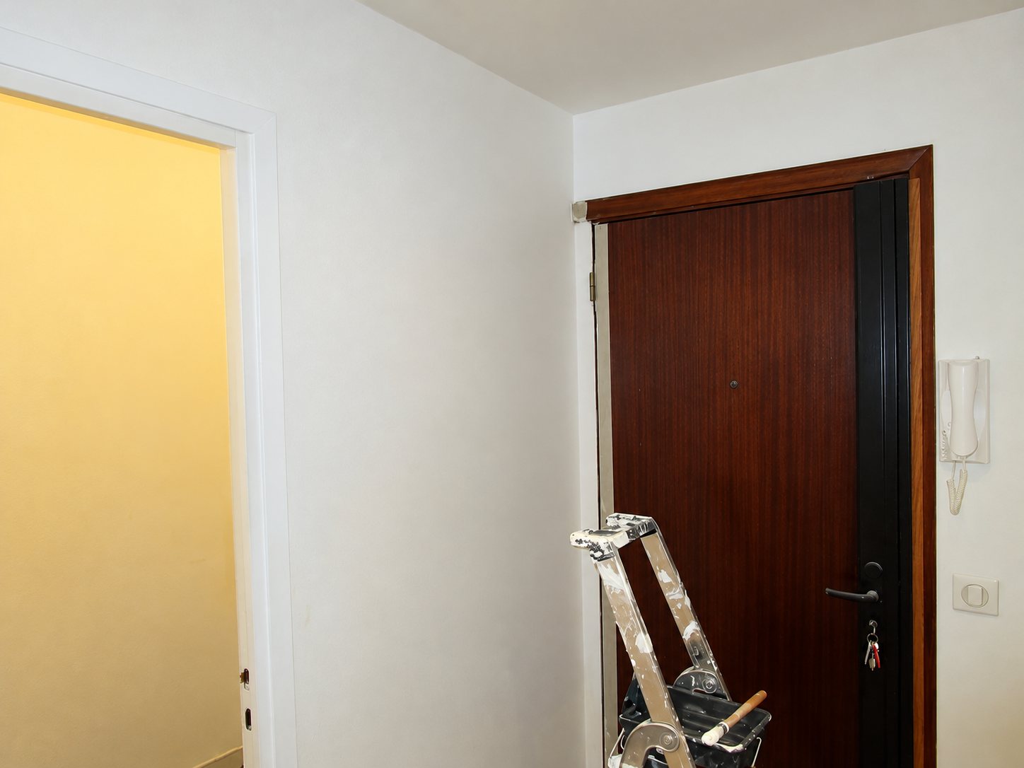Un couloir d'entrée aux murs fraîchement peints en blanc, avec une porte en bois sombre, un interphone et une échelle de peintre tachée de peinture au premier plan.