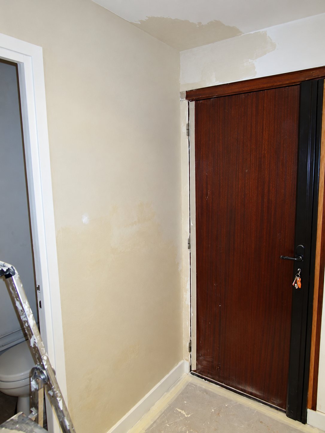 Entrée d'un logement en cours de rénovation, avec une porte en bois foncé, des murs fraîchement enduits, un escabeau et des toilettes visibles à gauche.