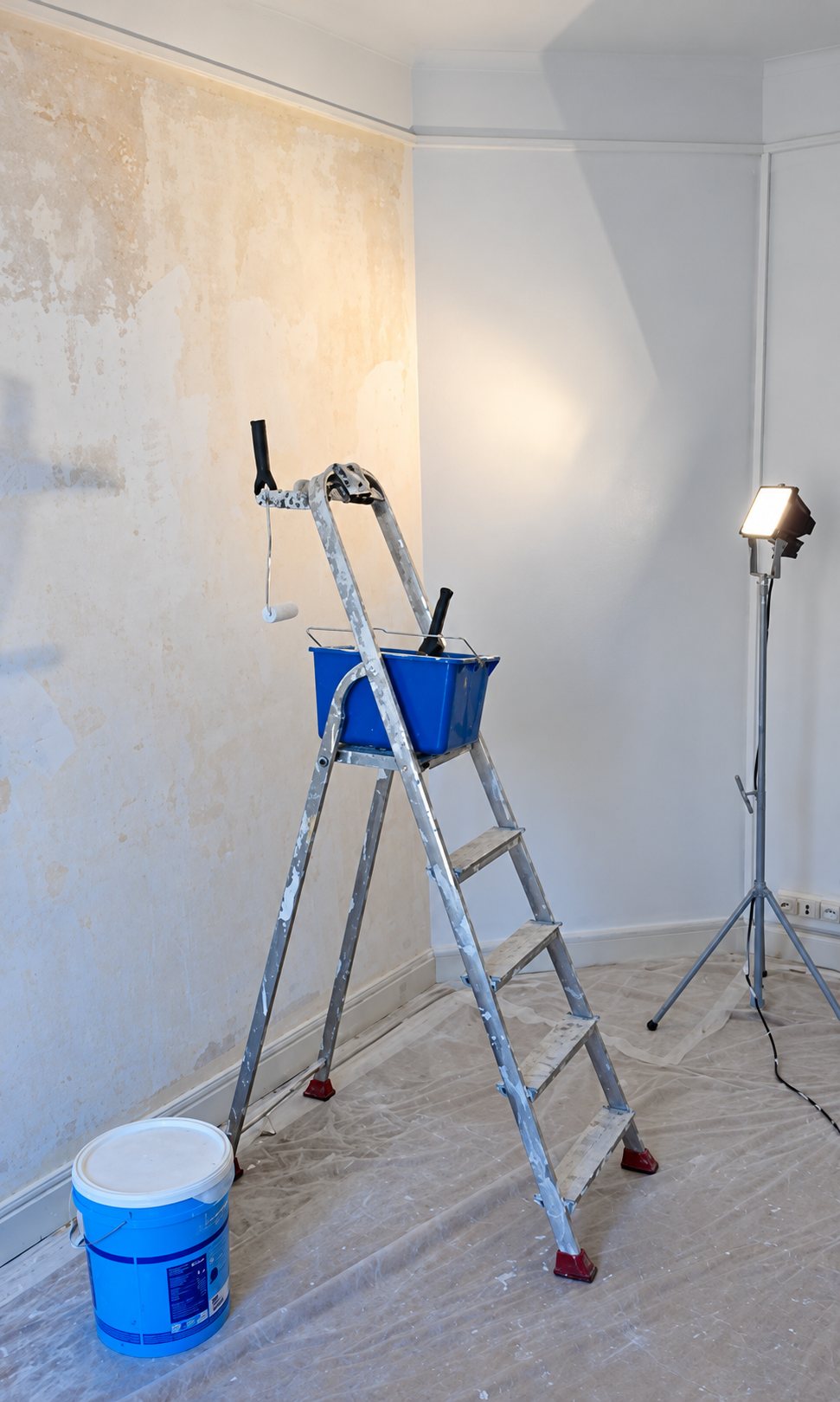 Un escabeau avec un bac à peinture bleu et un projecteur sur trépied dans une pièce aux murs enduits, sol protégé par une bâche.