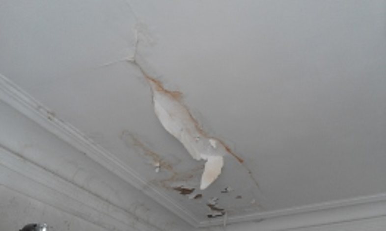 Plafond blanc présentant une longue fissure avec de la peinture qui s'écaille, à côté d'une moulure en corniche.