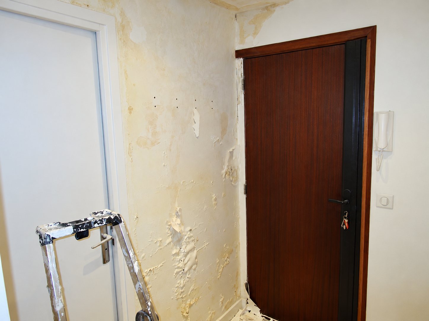 Un mur d'entrée à la peinture écaillée et tachée, avec une porte en bois sombre, un interphone et un escabeau taché de peinture au premier plan.