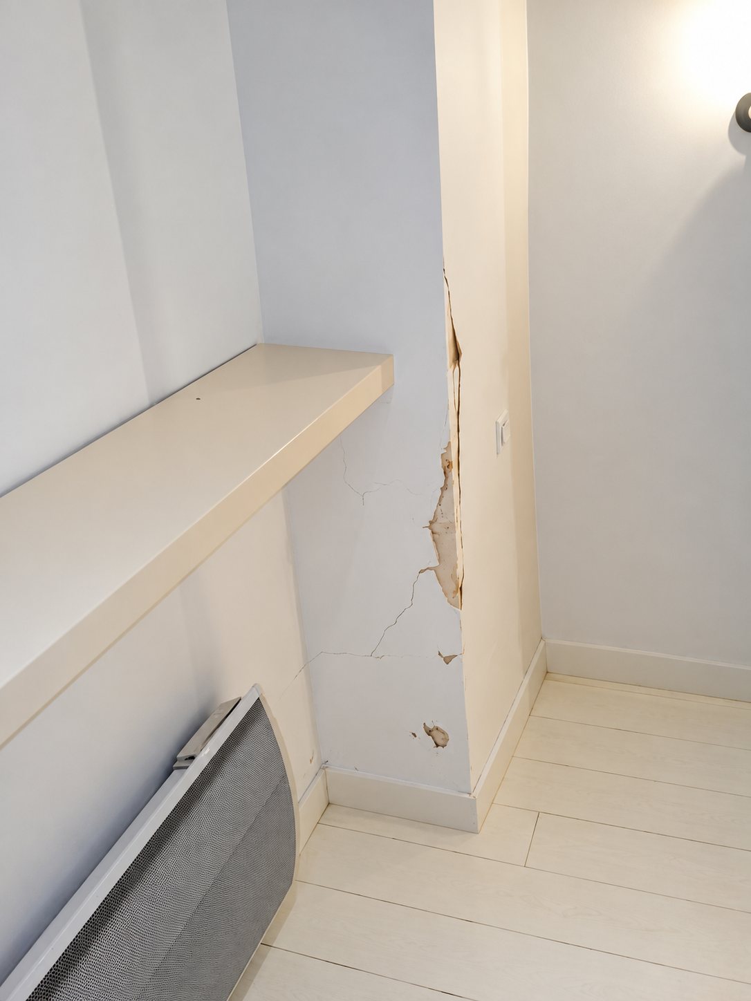 Angle d'une pièce aux murs blancs dont l'enduit est fissuré et écaillé, avec une étagère, un radiateur électrique et un parquet peint en blanc.