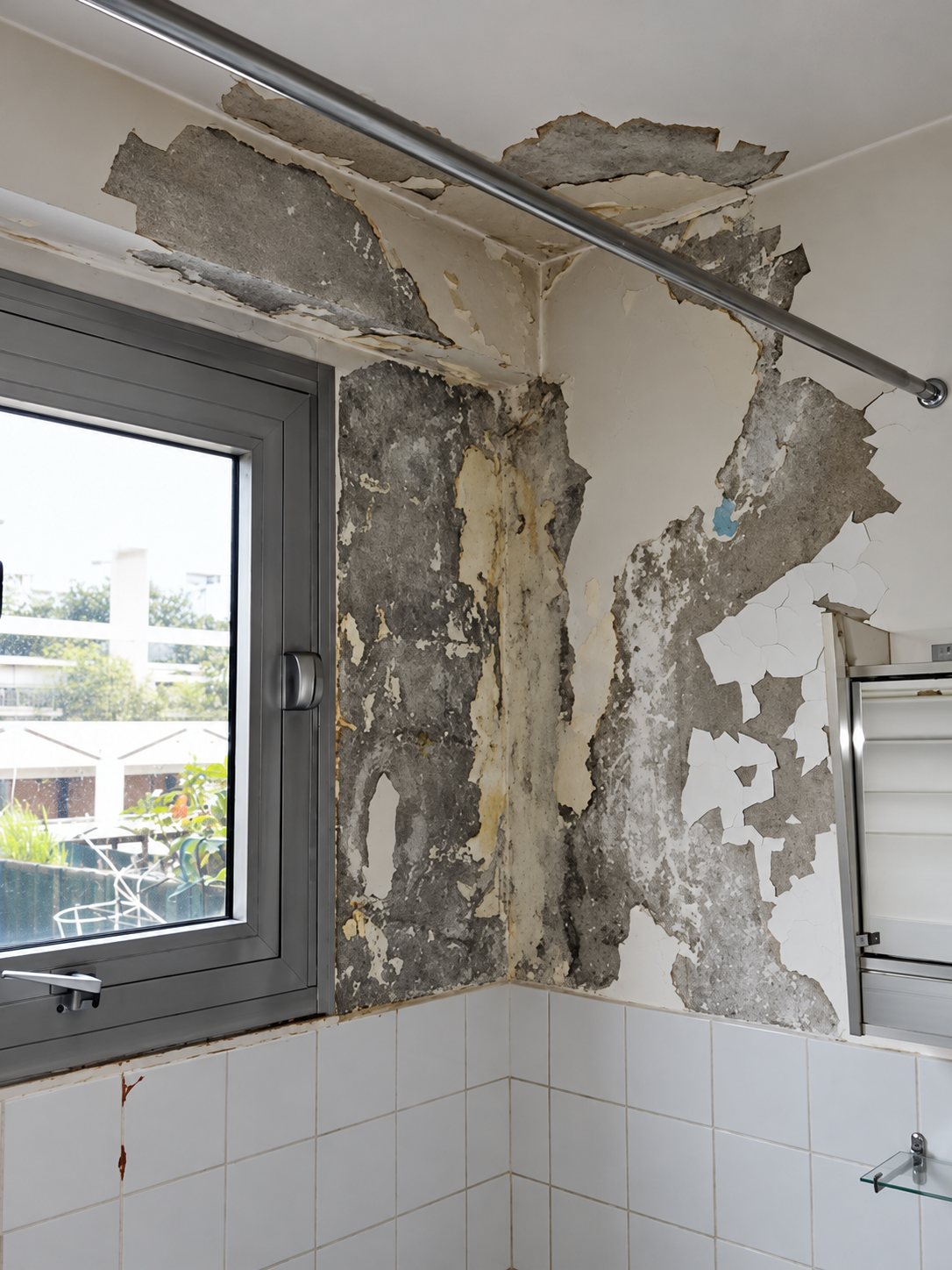 Coin d'une salle de bain dont le plafond et les murs présentent une peinture qui s'écaille et un enduit abîmé, près d'une fenêtre et au-dessus d'un carrelage blanc.