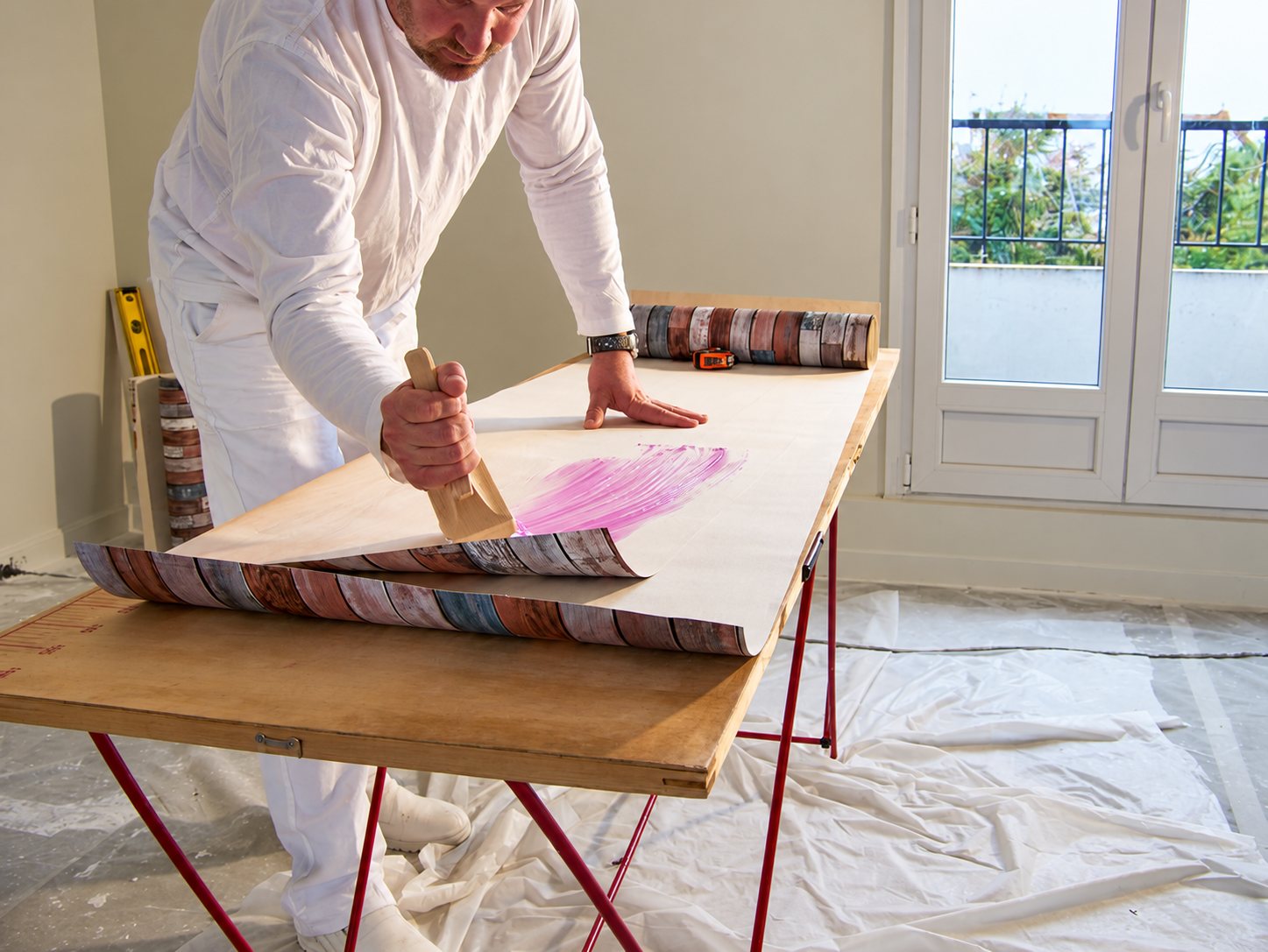 Un artisan vêtu de blanc applique de la colle rose sur un lé de papier peint à motif de planches, posé sur une table de collage dans une pièce protégée par des bâches.