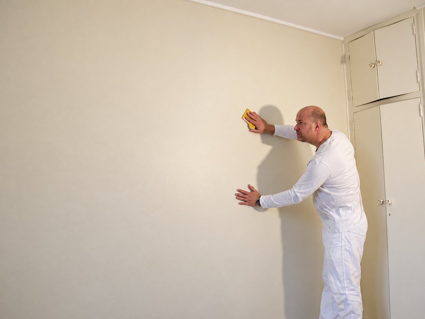 Un peintre en tenue blanche ponce un mur beige avec une cale à poncer jaune, à côté d'un placard d'angle.