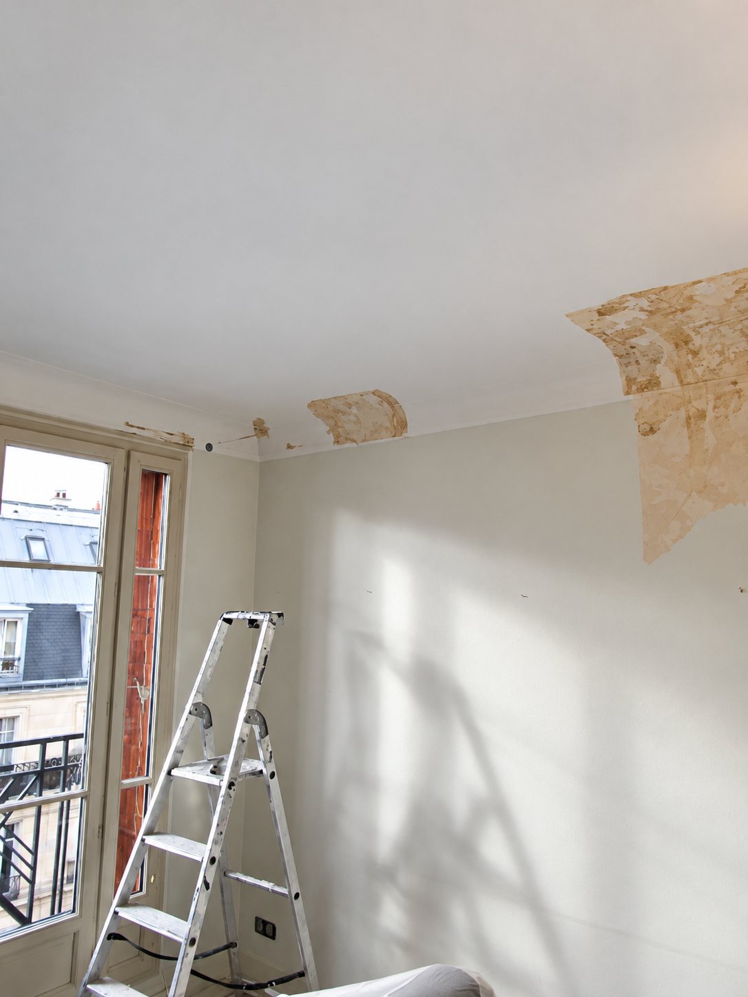 Une pièce lumineuse en cours de rénovation avec un escabeau près d'une fenêtre et des zones de peinture décollée sur le mur et le plafond.