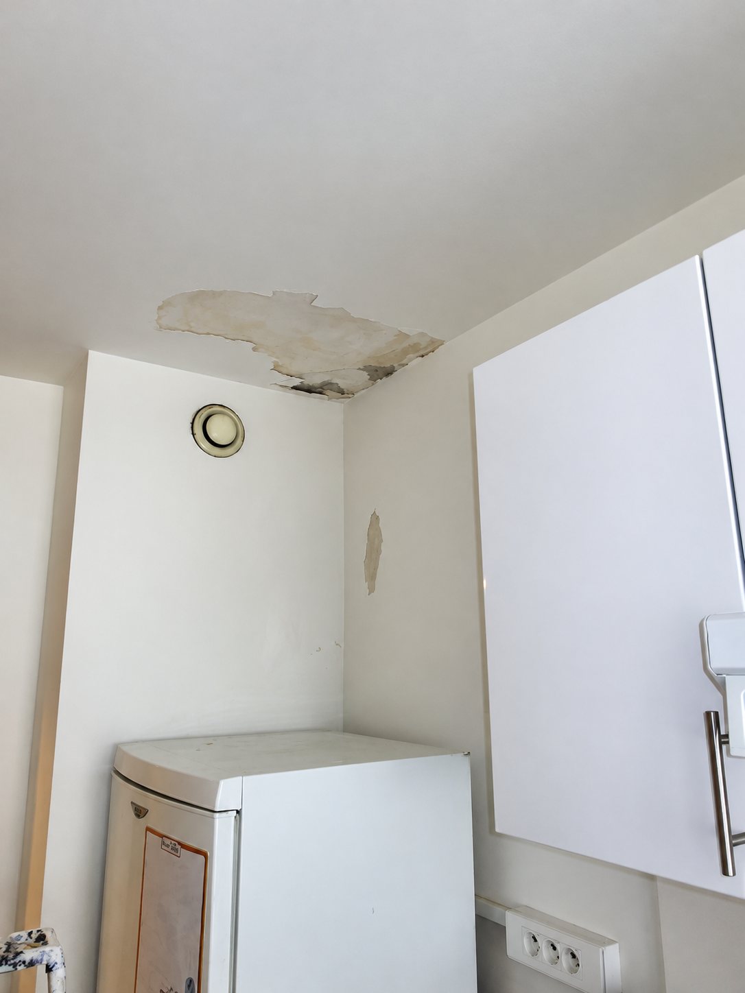 Coin de cuisine blanche avec un plafond dont la peinture est cloquée et écaillée à cause d'une infiltration, au-dessus d'un petit réfrigérateur et d'un placard.