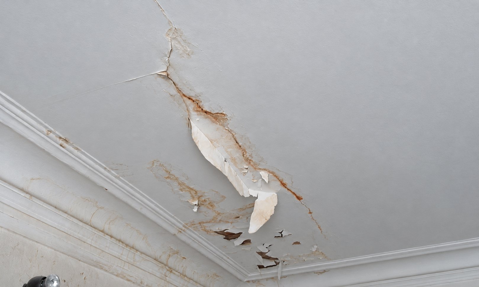 Un plafond blanc orné de moulures présente une longue fissure, de la peinture qui s'écaille et des traces orangées dues à une infiltration d'eau.