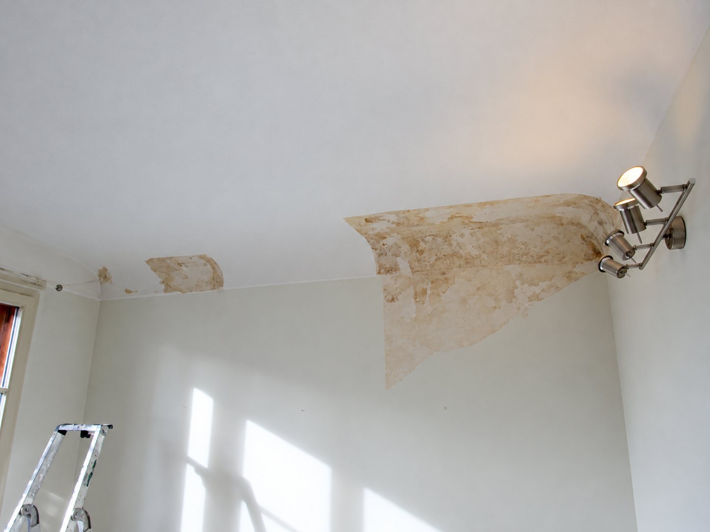 Un plafond blanc présente de grandes taches jaunâtres d'humidité et une peinture décollée près d'un spot métallique, avec le haut d'une échelle visible en bas à gauche.