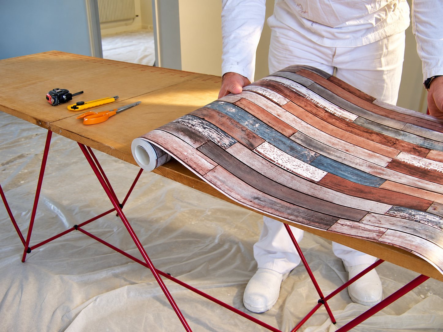 Un artisan en tenue blanche déroule un papier peint imitation planches de bois vieilli sur une table de tapissier, avec un mètre et des cutters posés à côté.