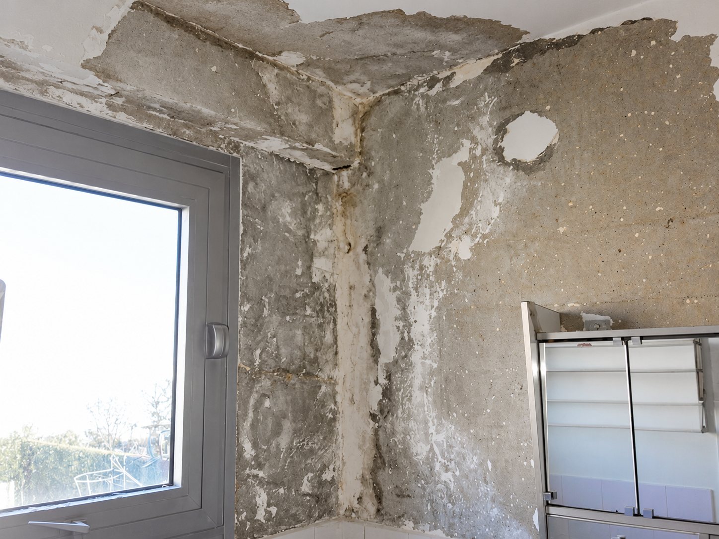 Coin d'une salle de bain dont les murs et le plafond sont dégradés, avec peinture écaillée, une fenêtre à gauche et une armoire de toilette à droite.