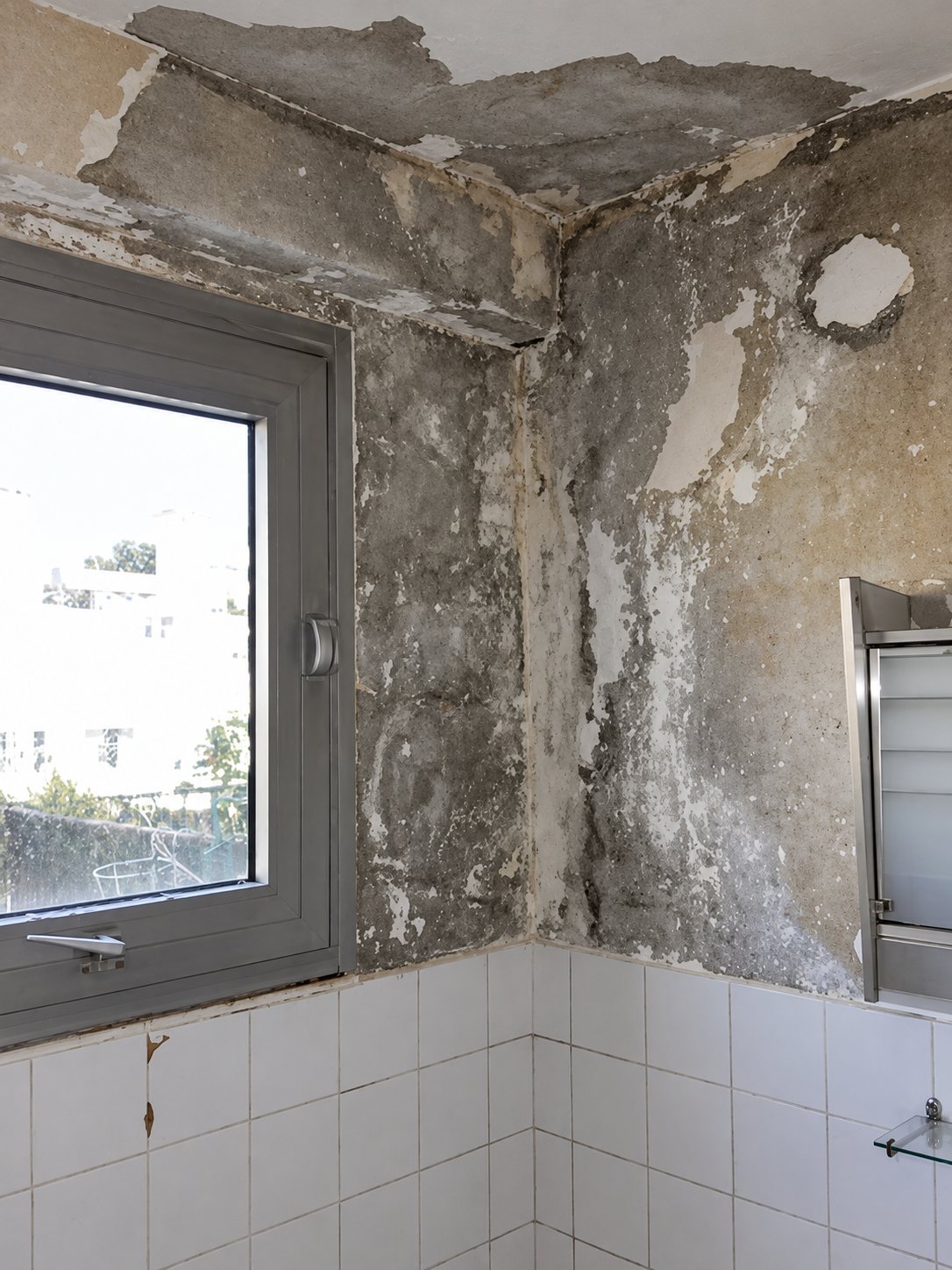 Angle d'une salle de bain dont les murs et le plafond sont abîmés par l'humidité, avec une fenêtre lumineuse et un carrelage blanc en bas.